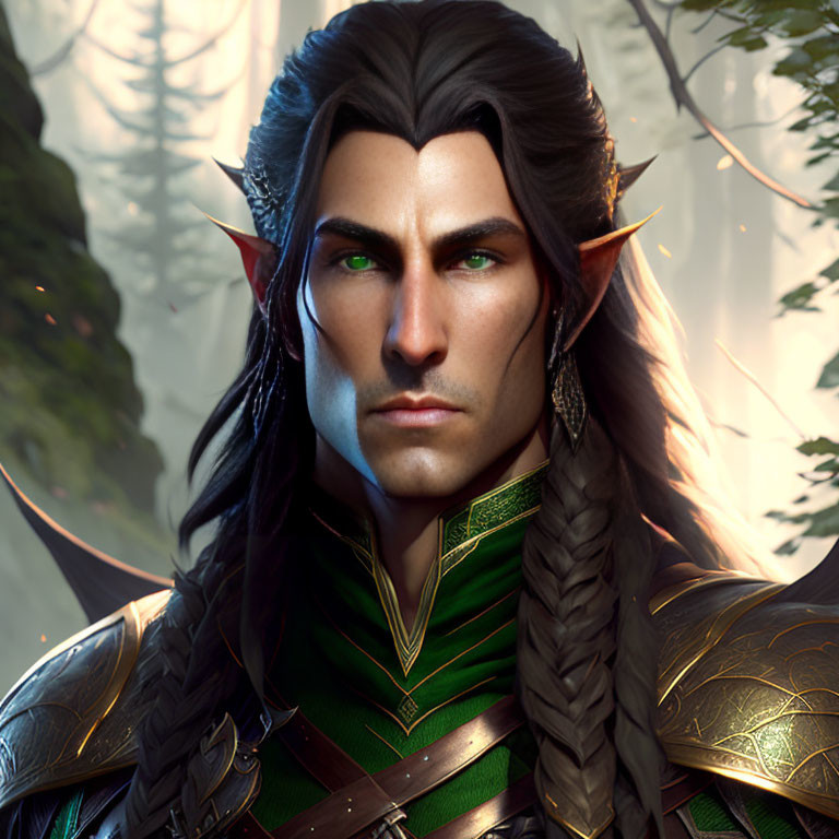 Male elf with pointed ears, braided hair, and green armor in forest scene