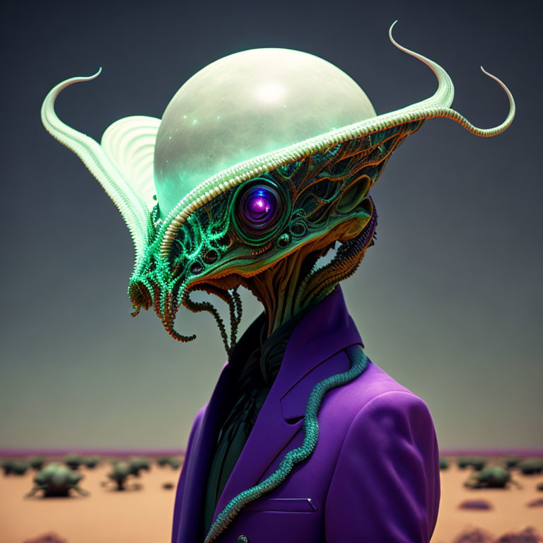 Alien with tentacled face in purple suit against desert backdrop