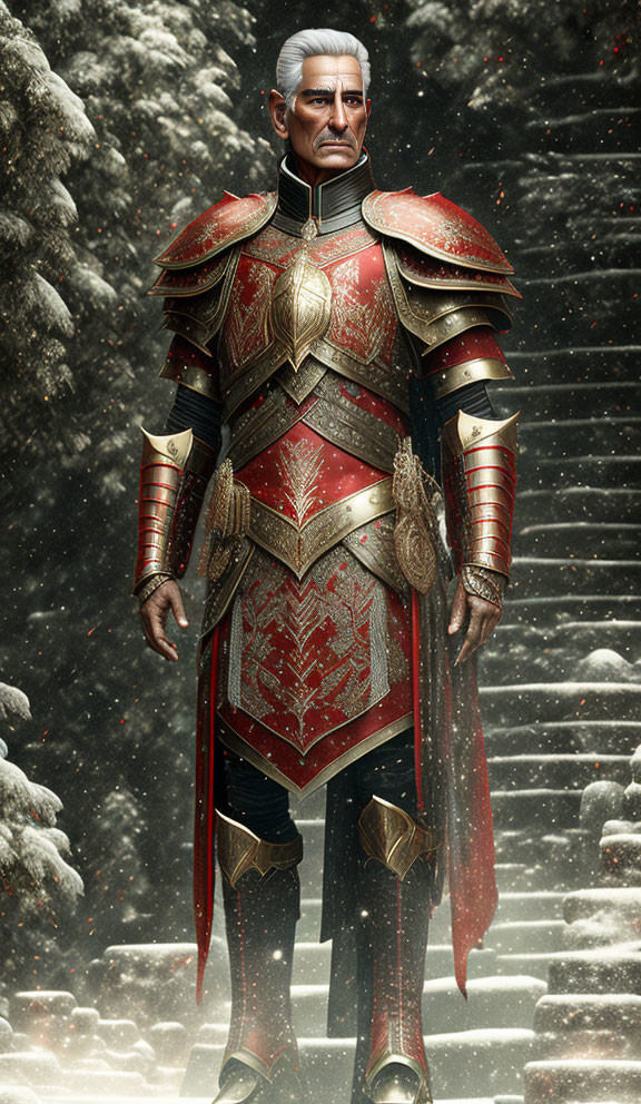 Ornate red and gold armored older knight in snow