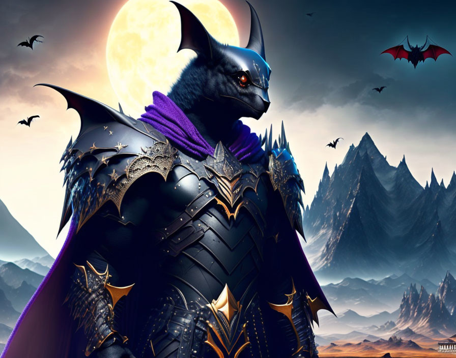 Armored knight bat character in moonlit landscape with bats