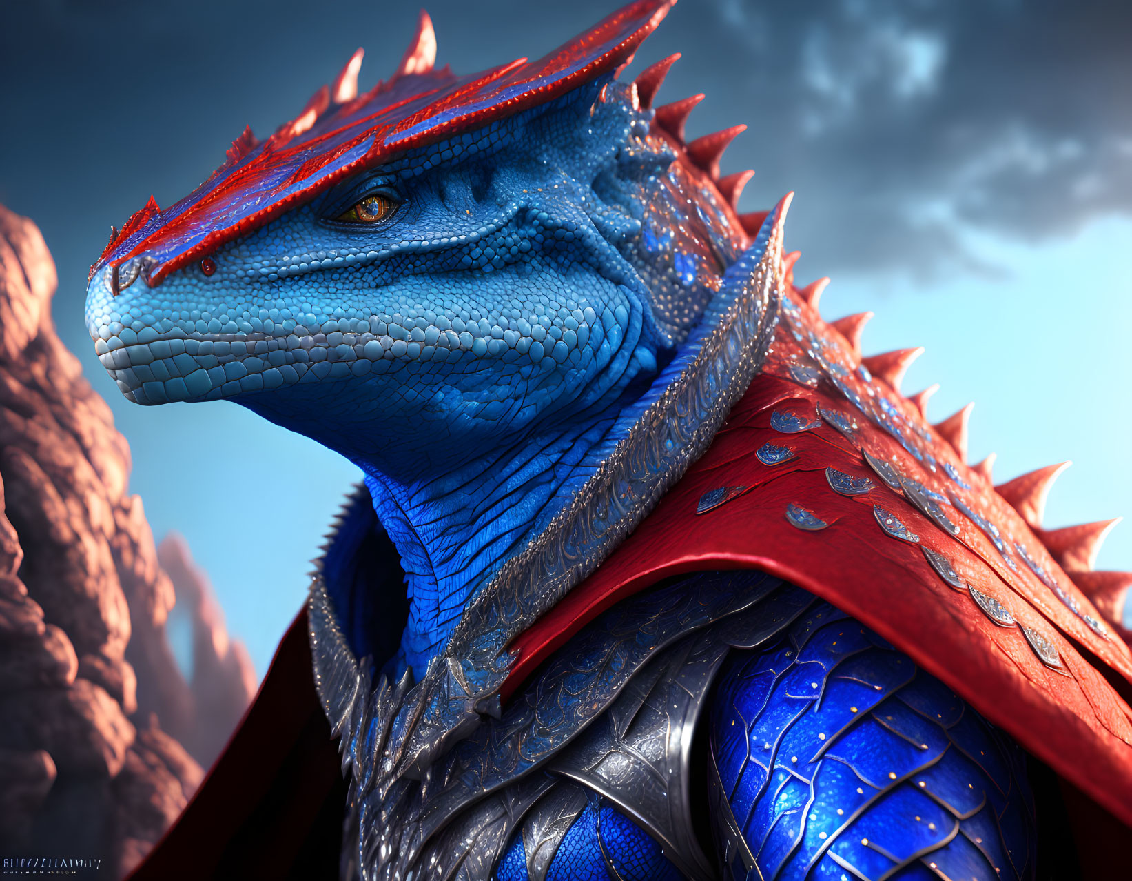 Majestic blue dragon with red spikes in rocky landscape at dusk