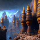 Fantasy landscape with spire-topped castles in twilight