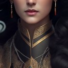 Dark-Haired Woman in Golden Ornate Armor with Regal Pendant