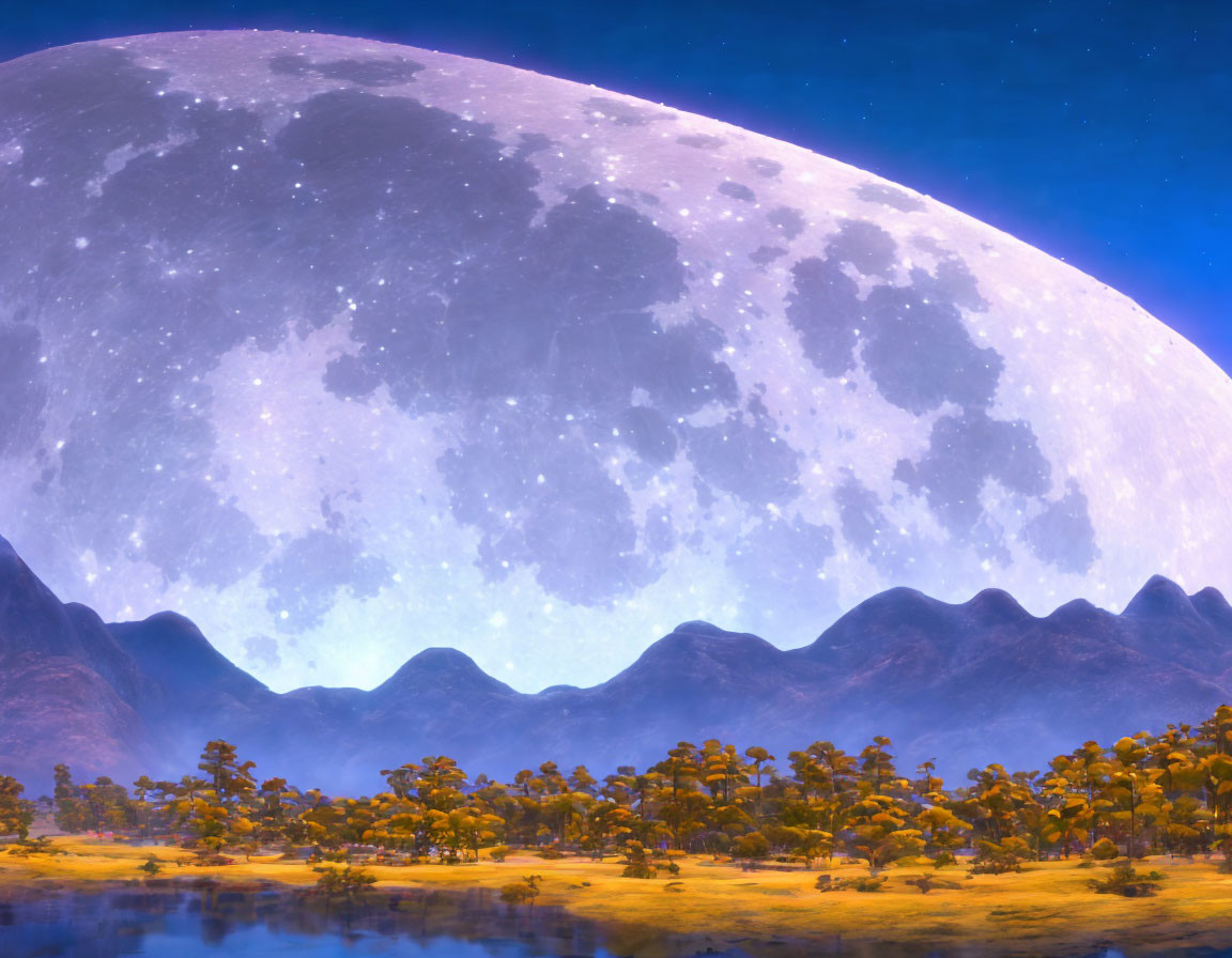 Giant moon over serene landscape with mountains, trees, and lake