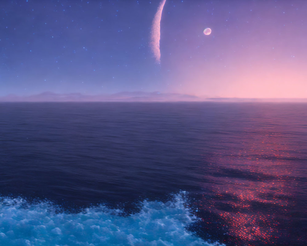 Radiant comet in ethereal nighttime seascape