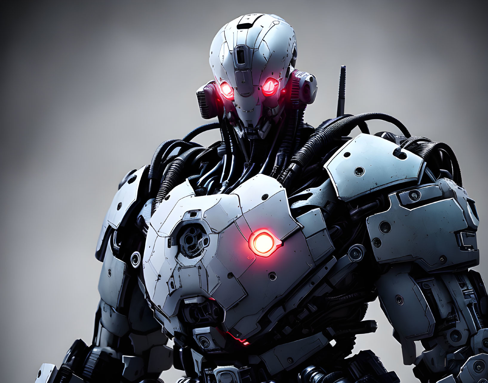 Futuristic Robot with Human-Like Head and Red Glowing Eyes