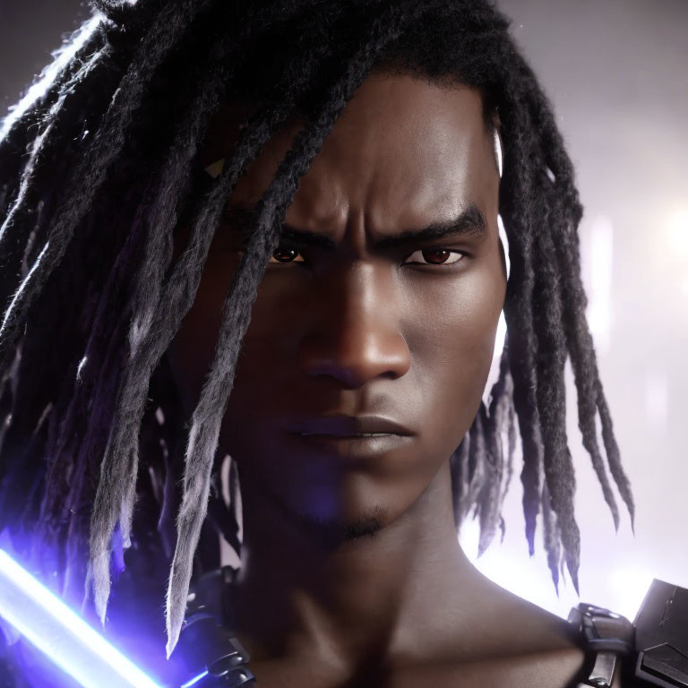 Male Figure with Dreadlocks and Glowing Light Reflections