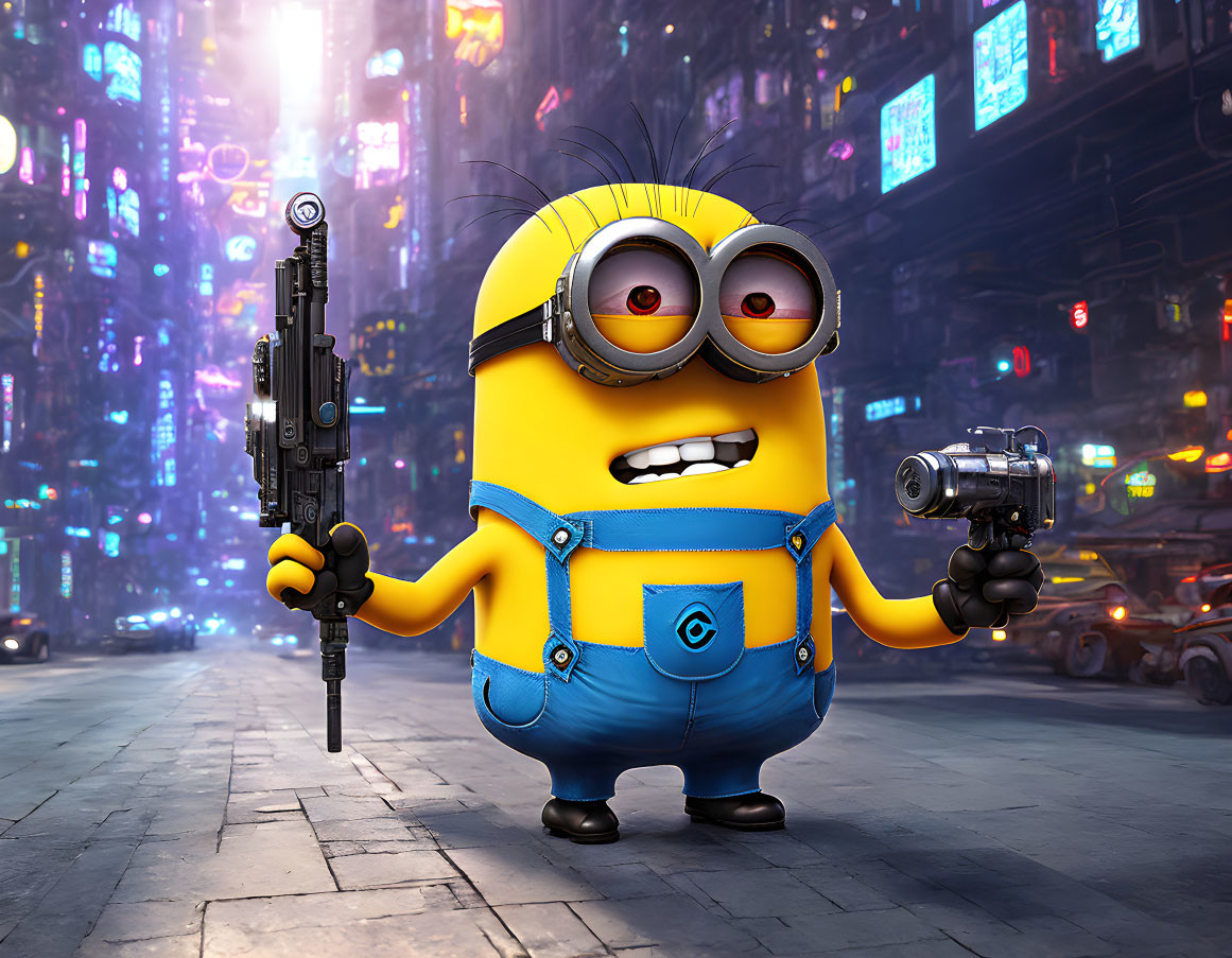 Minion with Two Guns in Neon Futuristic Cityscape