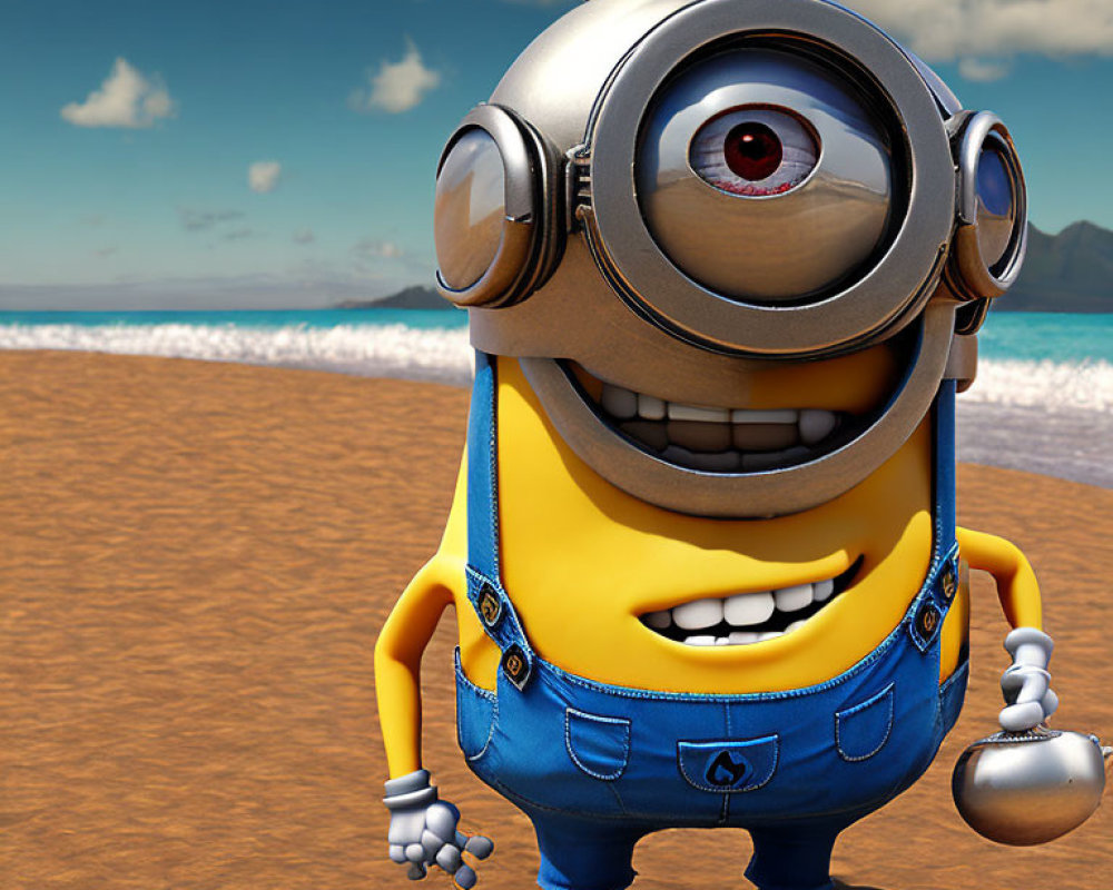 One-eyed 3D animated character in goggles and blue overalls on sandy beach