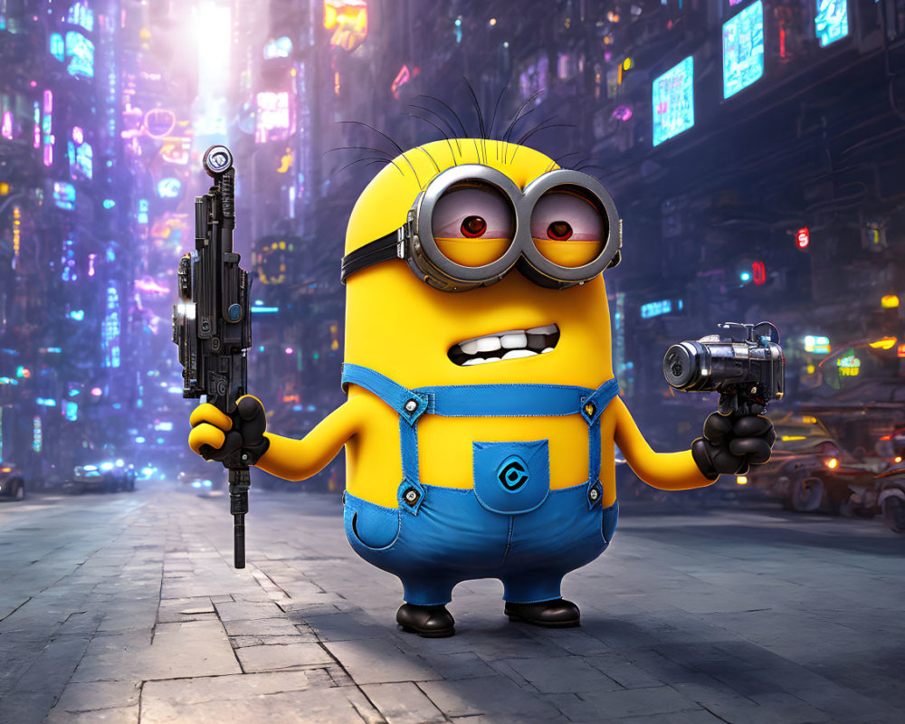 Minion with Two Guns in Neon Futuristic Cityscape