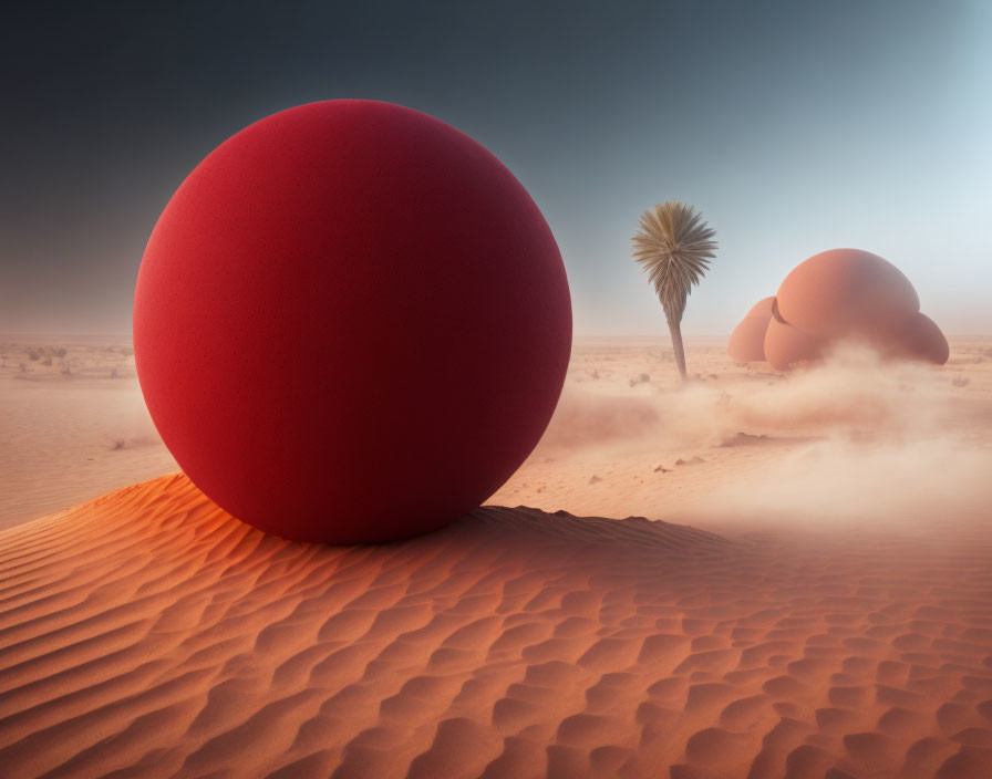 Surreal image of large red spheres on sand dunes with palm tree