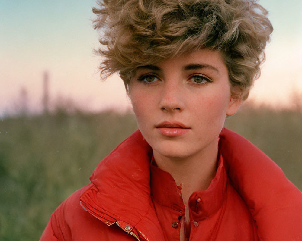 Young woman with curly hair in red jacket holding volleyball outdoors