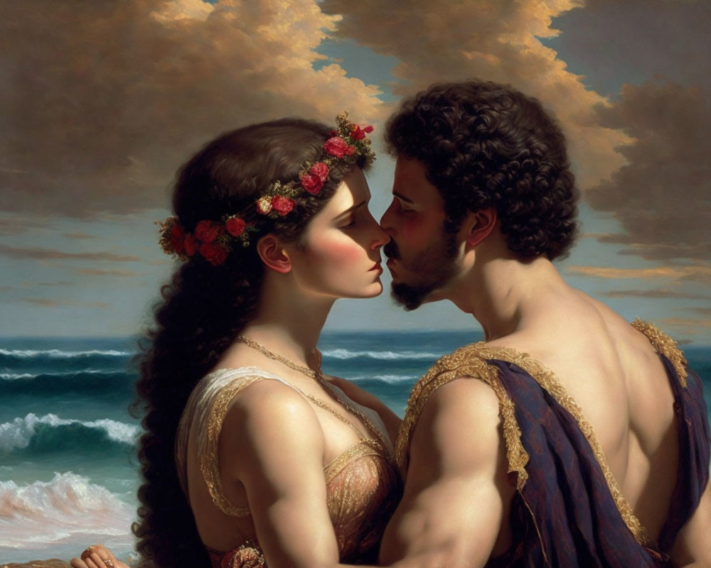 Classical painting: Mythological characters in Greek attire near kiss