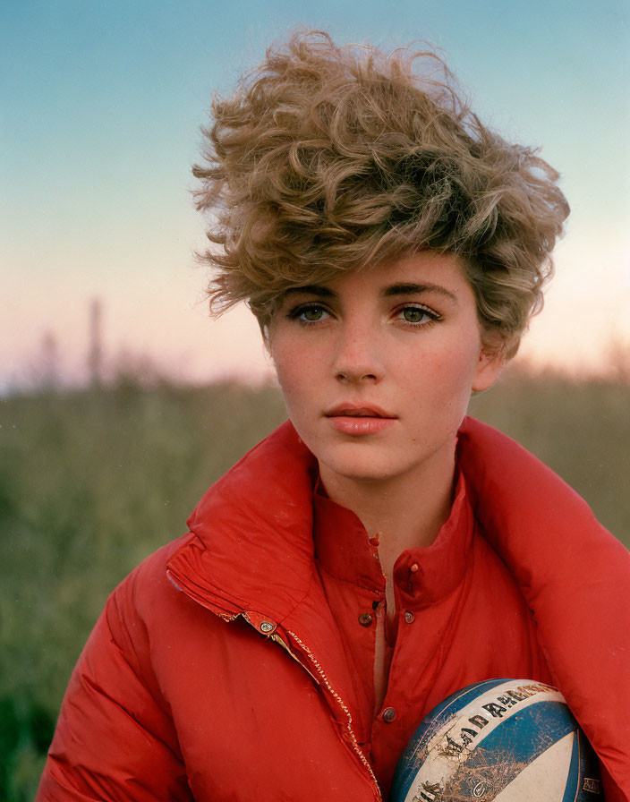 Young woman with curly hair in red jacket holding volleyball outdoors