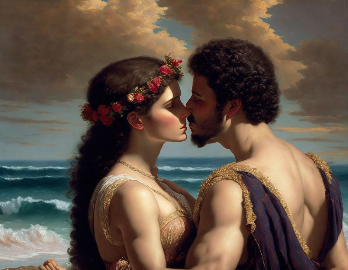 Classical painting: Mythological characters in Greek attire near kiss