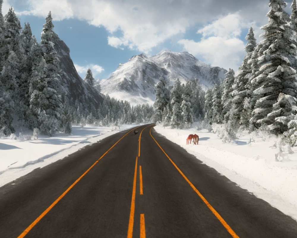 Snowy mountains, horses, and frosted trees on empty road under cloudy sky