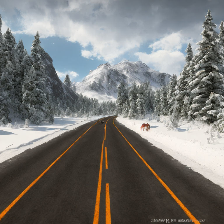 Snowy mountains, horses, and frosted trees on empty road under cloudy sky