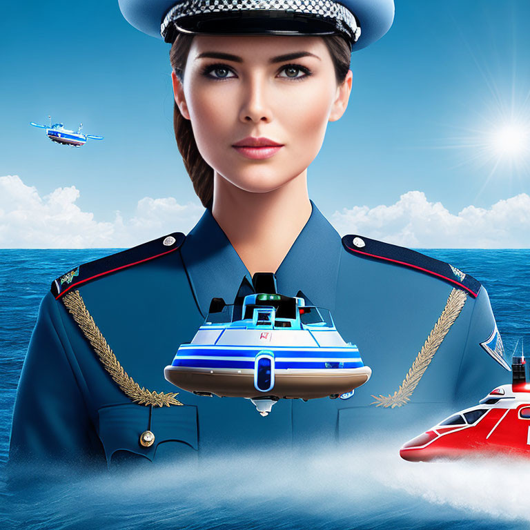 Woman's Face in Maritime Scene with Uniform, Boats, and Helicopters