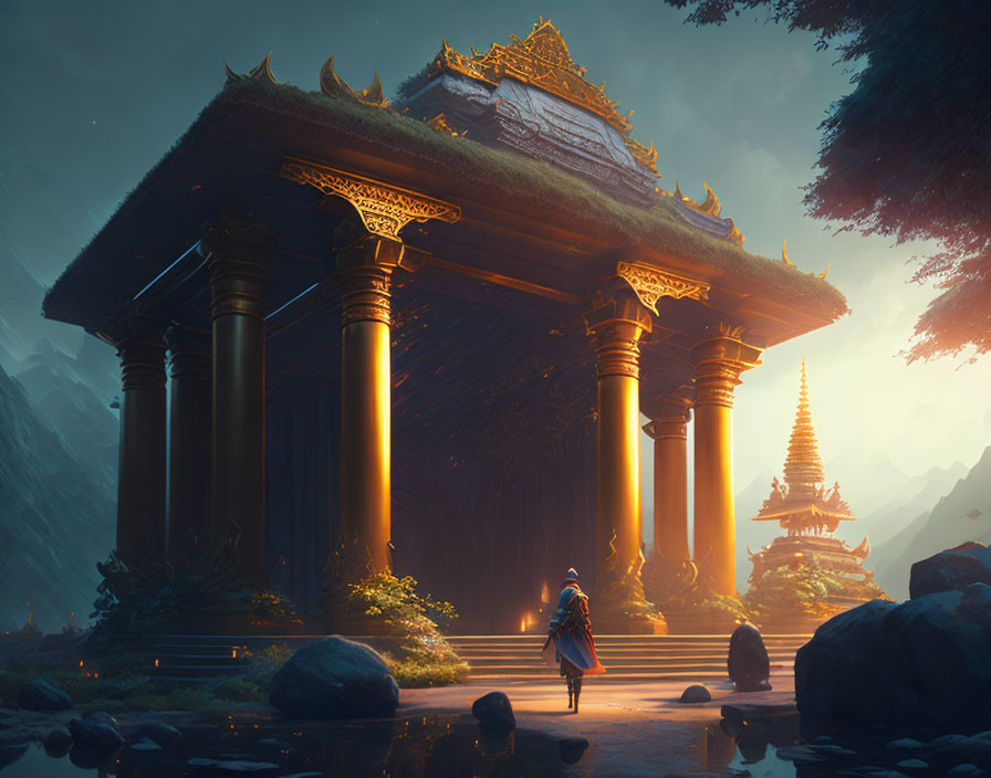 Figure nears ornate temple in mystical forest with mountains in background