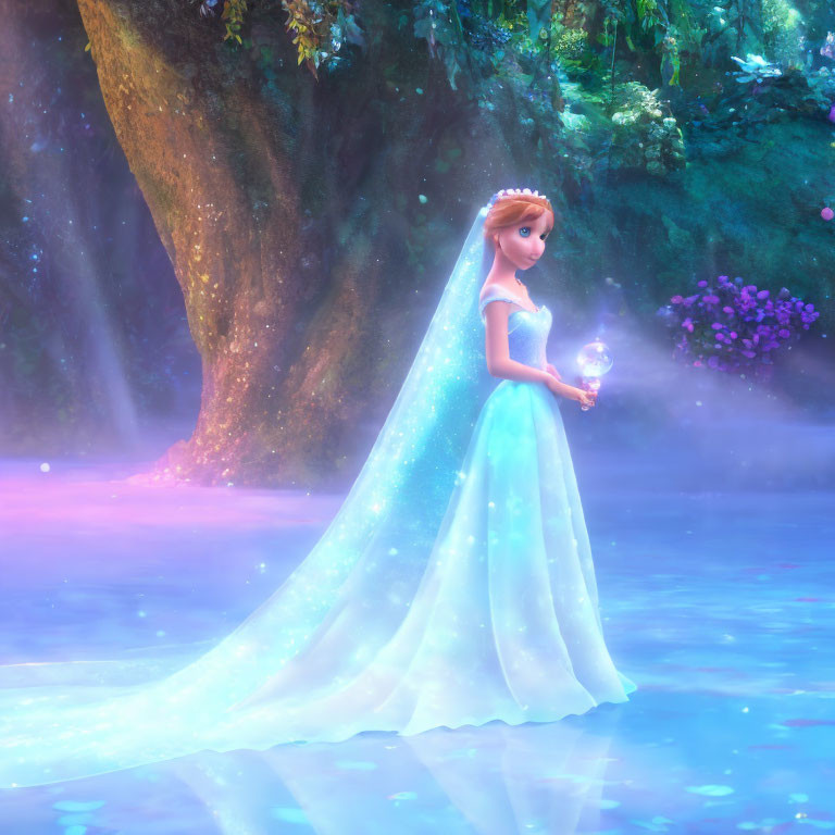 Animated princess in blue dress with light in magical forest.