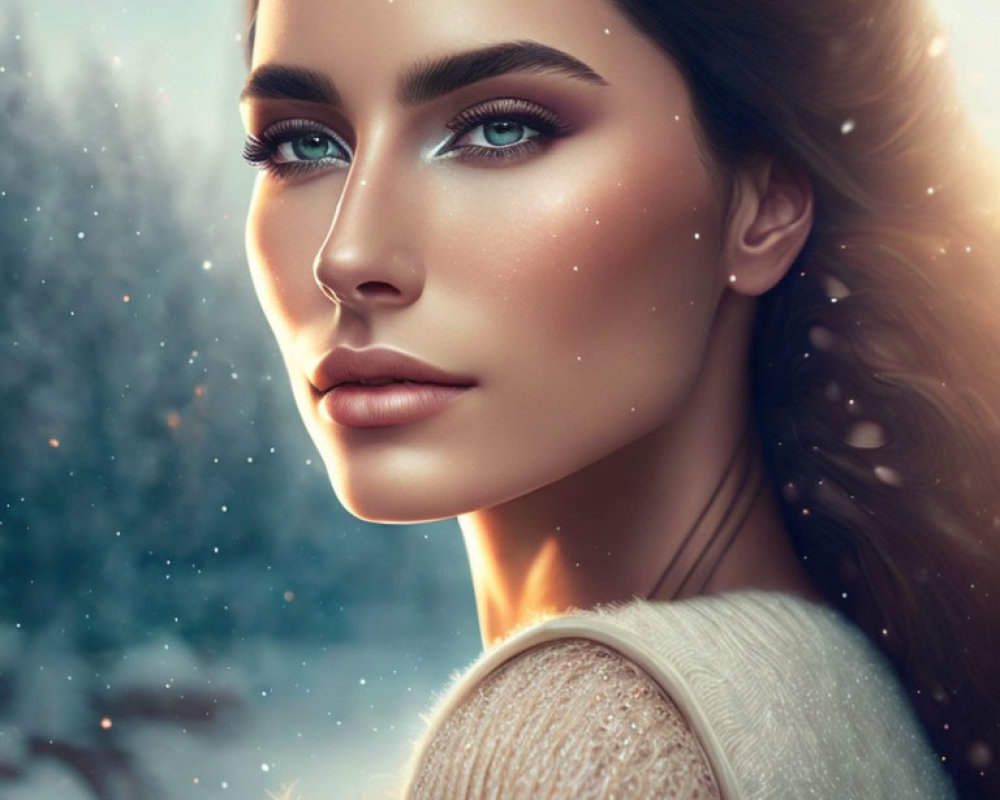 Portrait of woman with green eyes, flawless skin, and brown hair in snowy setting