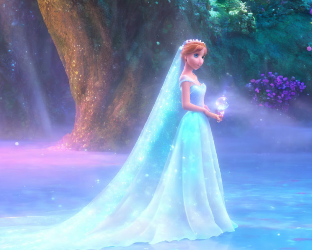 Animated princess in blue dress with light in magical forest.