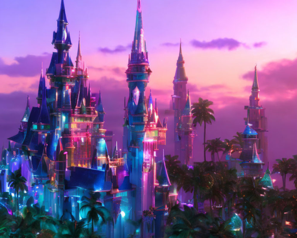 Fairytale castle with glowing spires in purple sunset sky.