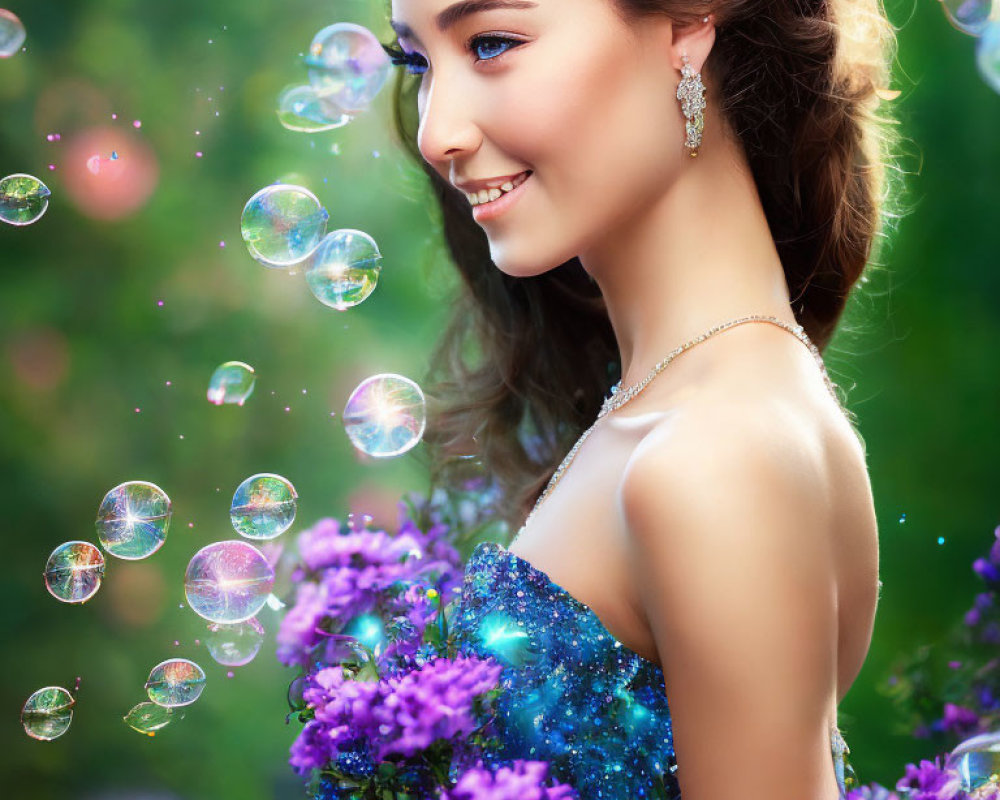 Smiling woman with flowers in hair surrounded by bubbles and purple flowers, green background