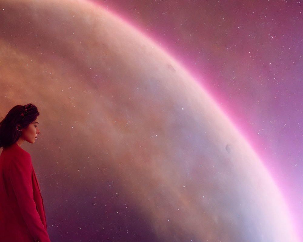 Profile view of person in red cloak against celestial backdrop.