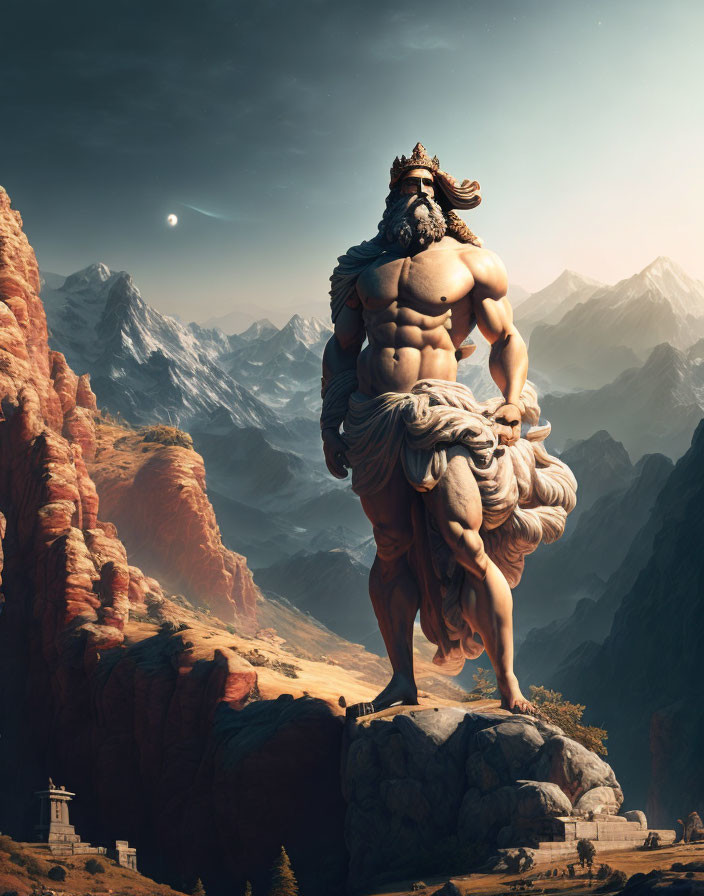 Gigantic muscular bearded figure statue in mountain landscape