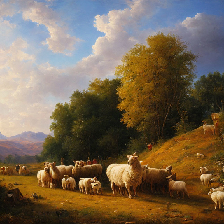 Sheep grazing in lush field under golden sunlight