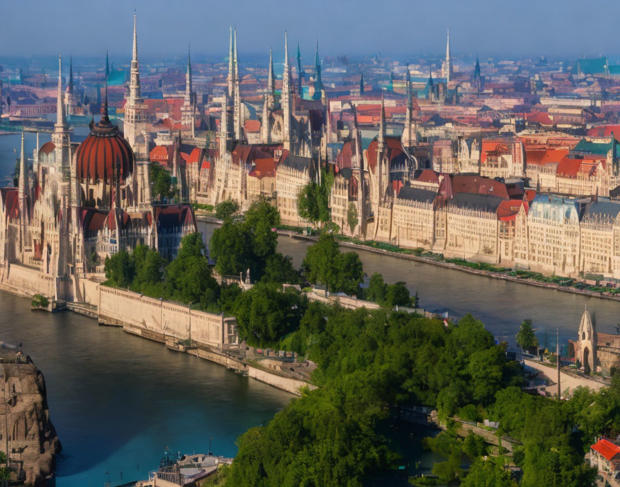 European Cityscape: Historic Buildings Along River in Hazy Sky