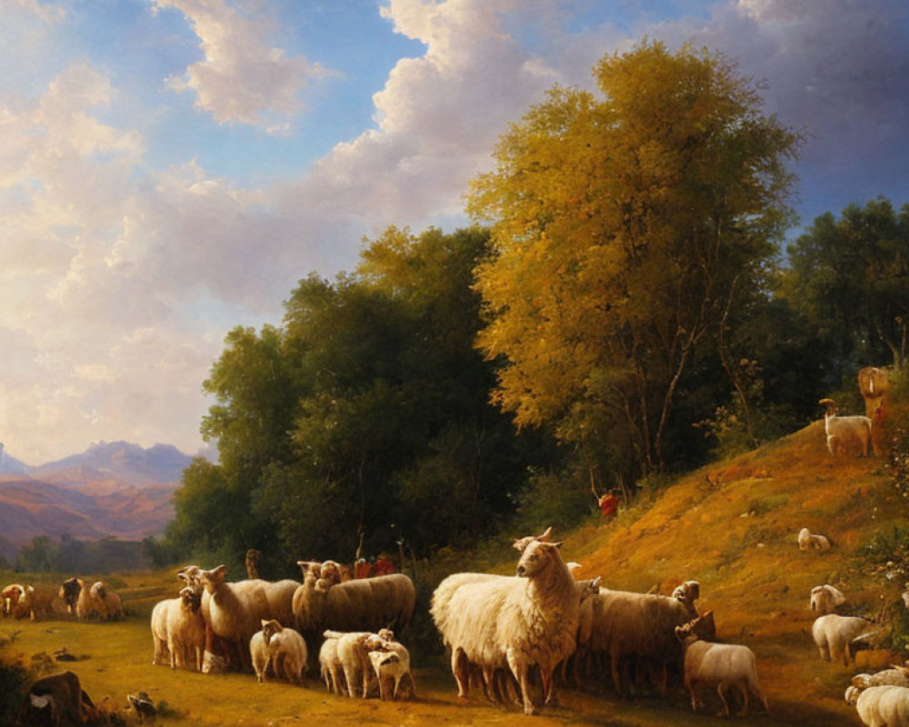 Sheep grazing in lush field under golden sunlight