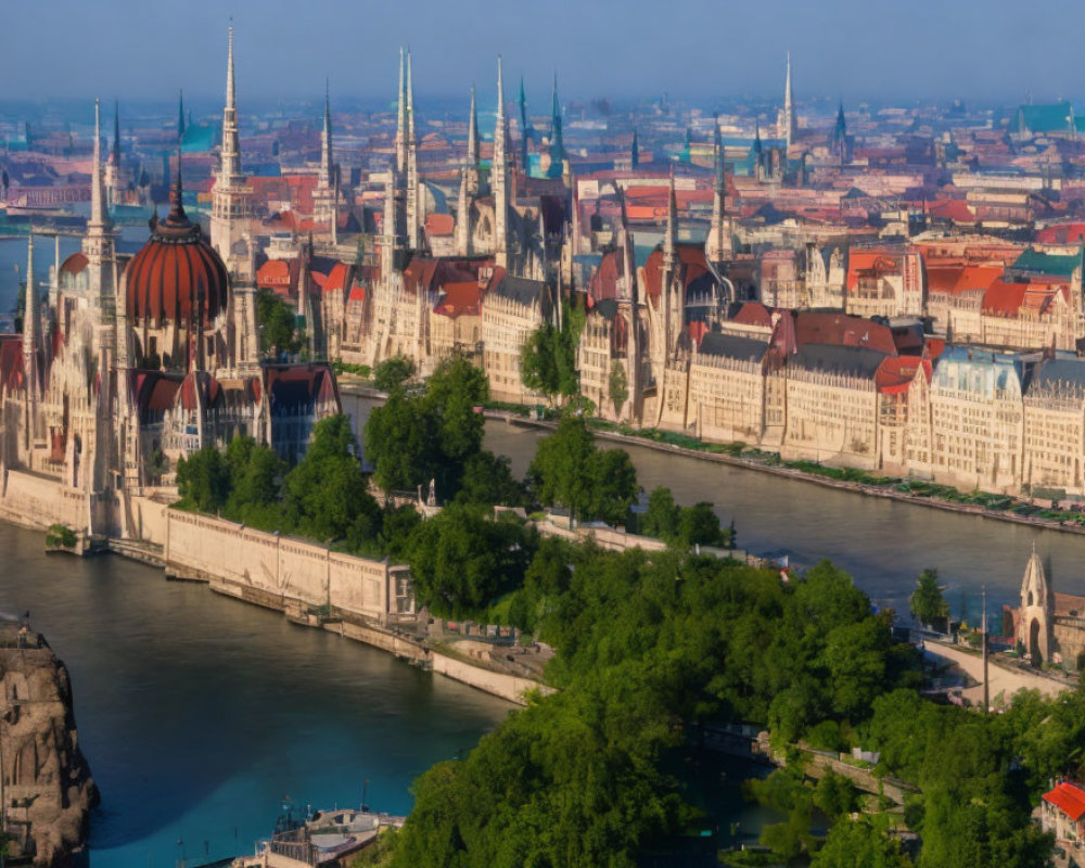 European Cityscape: Historic Buildings Along River in Hazy Sky