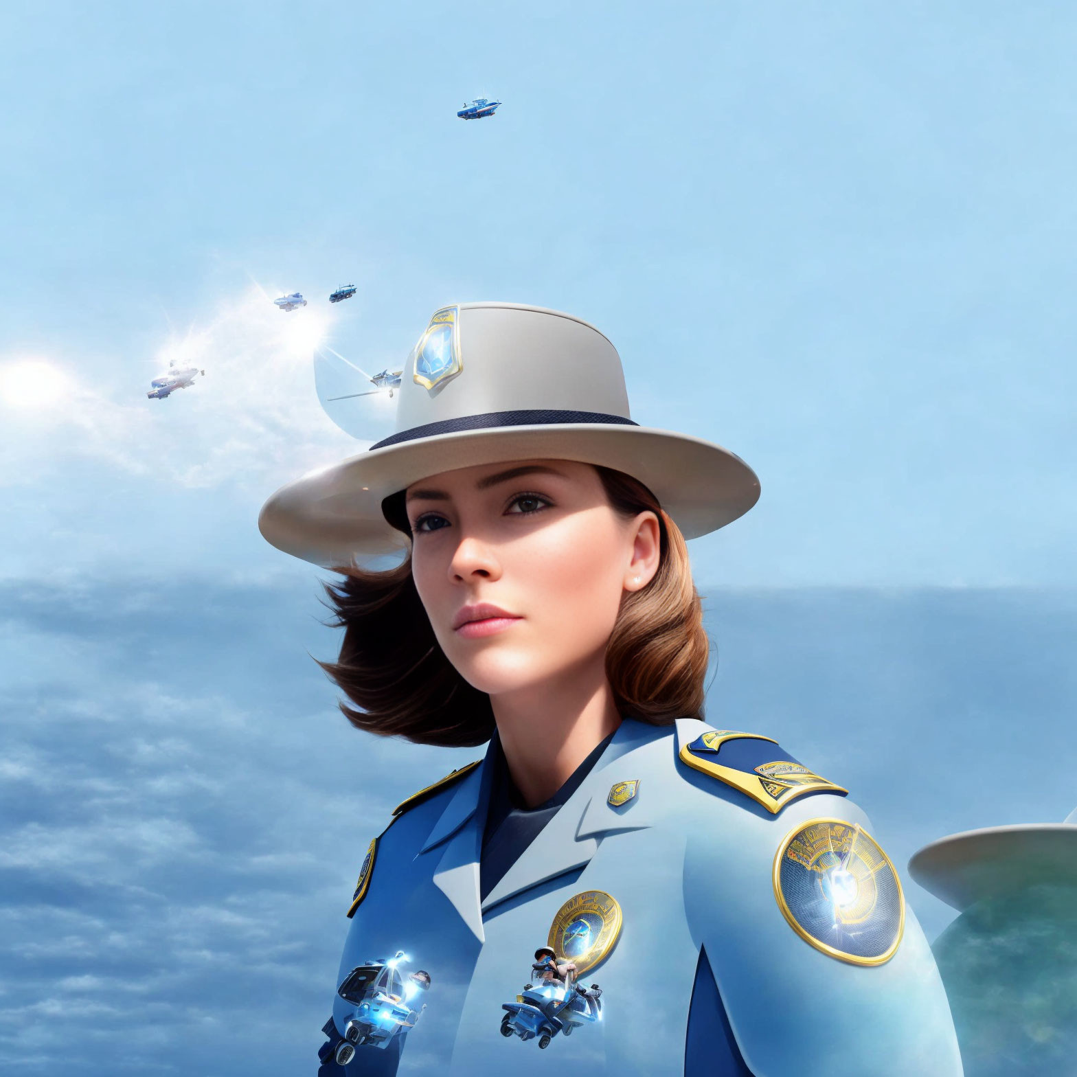 Futuristic digital illustration of a woman in uniform with hat against blue sky