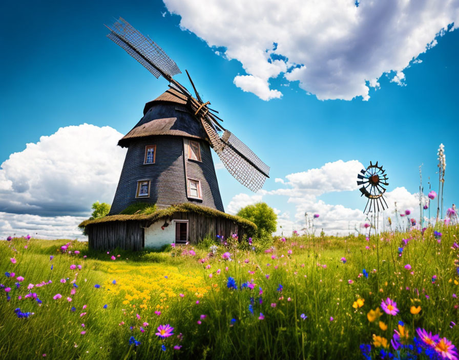 Traditional windmill in field of wildflowers under blue sky with wind spinner