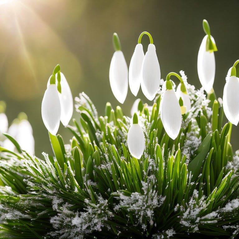 Snowdrop flowers (Galanthus) in sunlight with snow dust and blurred green backdrop.