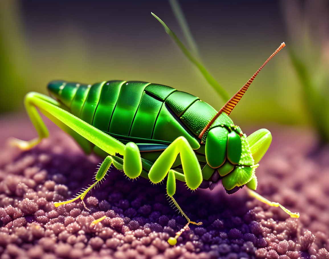 Vivid green grasshopper on textured purple surface