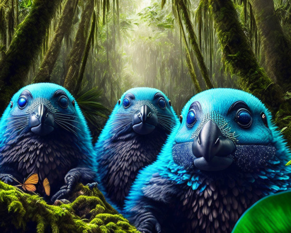 Three vibrant blue fantasy creatures with avian features in a lush green forest with a butterfly