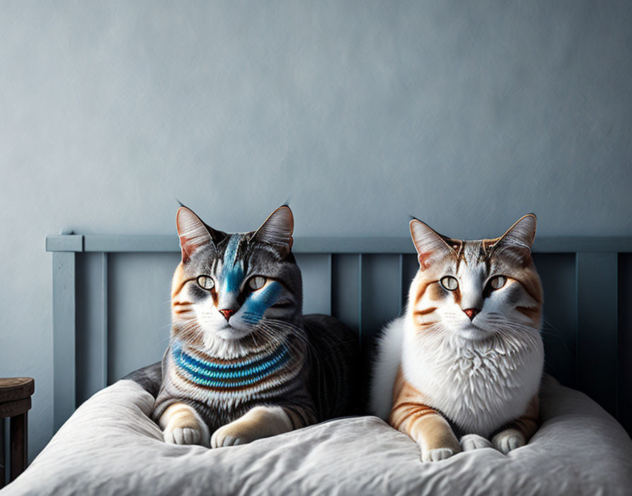 Two Cats with Blue Eyes in Sweaters on Bed Against Gray Wall