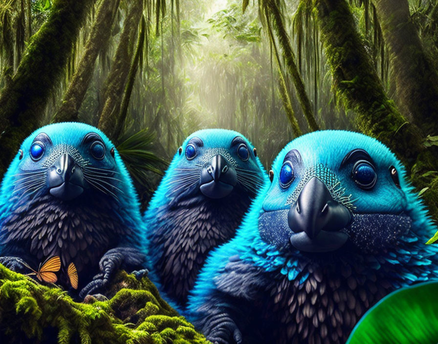 Three vibrant blue fantasy creatures with avian features in a lush green forest with a butterfly