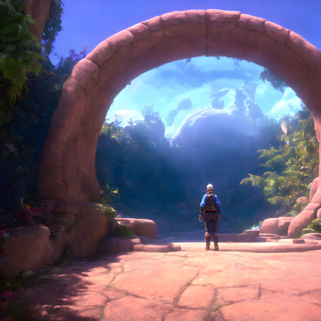 Person standing under stone archway in mystical landscape with oversized flora