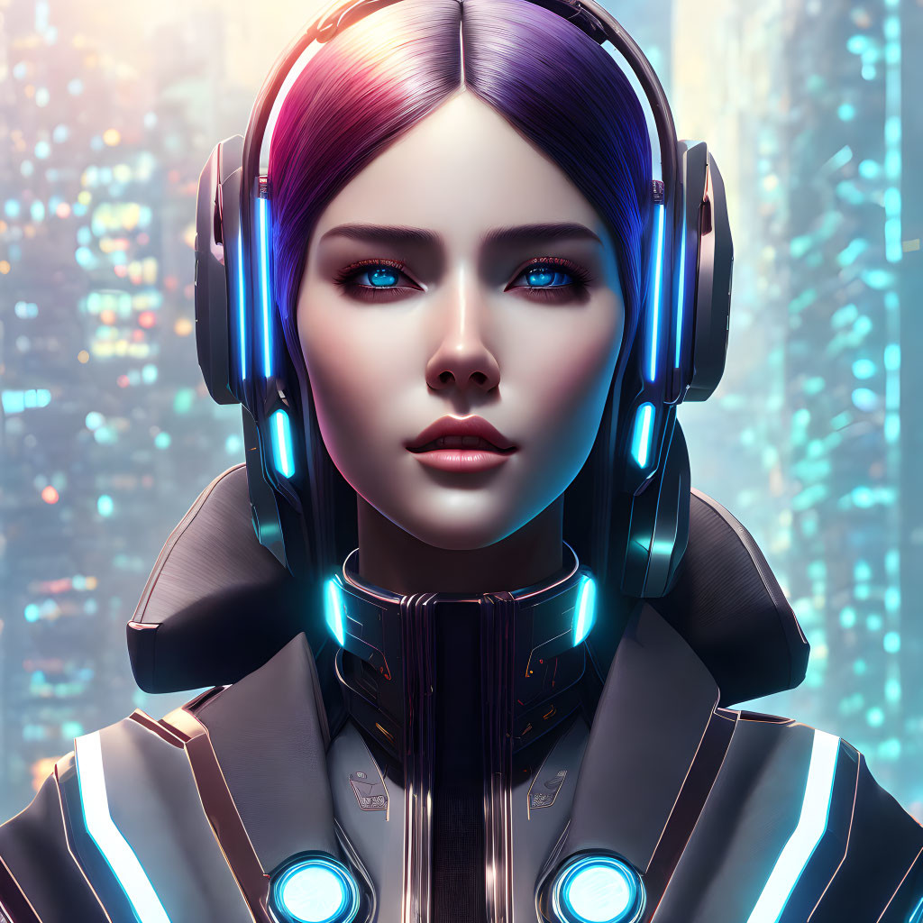 Futuristic woman with blue-purple hair and neon lights in cityscape.