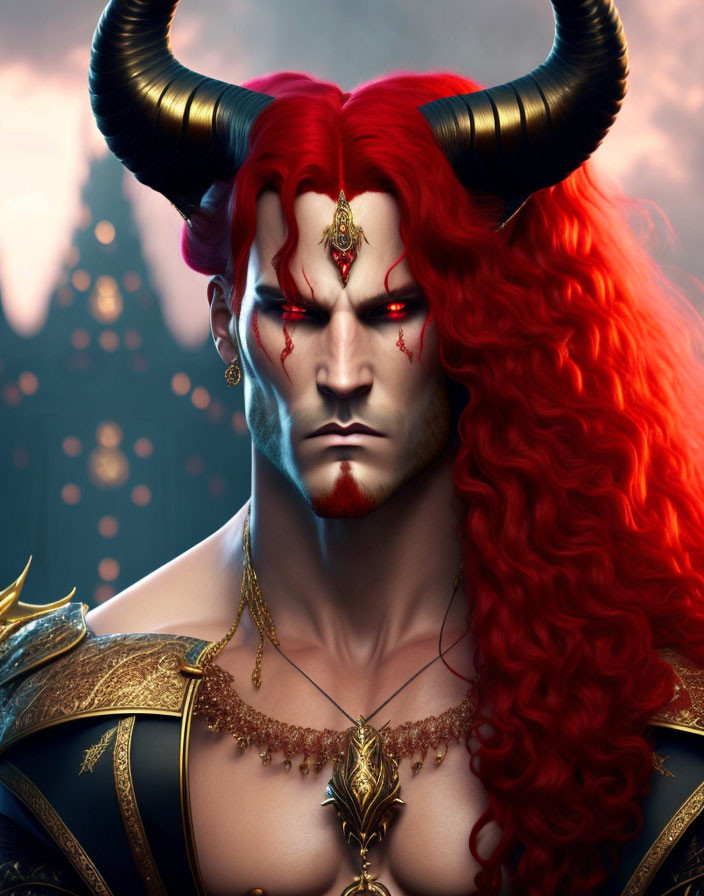 Fantasy male character with red hair, horns, and golden armor portrait