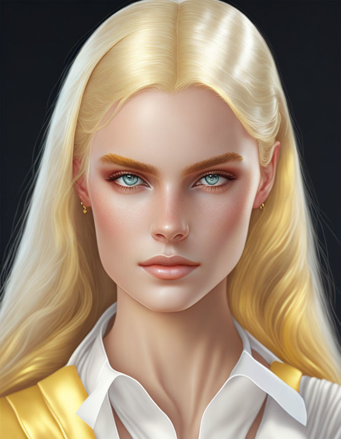 Blonde Woman Portrait with Teal Eyes and Gold Vest