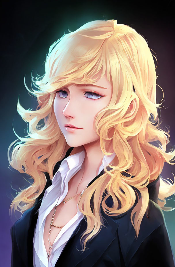 Stylized illustration of person with blonde hair and blue eyes wearing black jacket