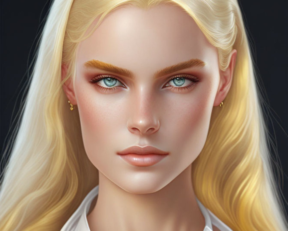 Blonde Woman Portrait with Teal Eyes and Gold Vest