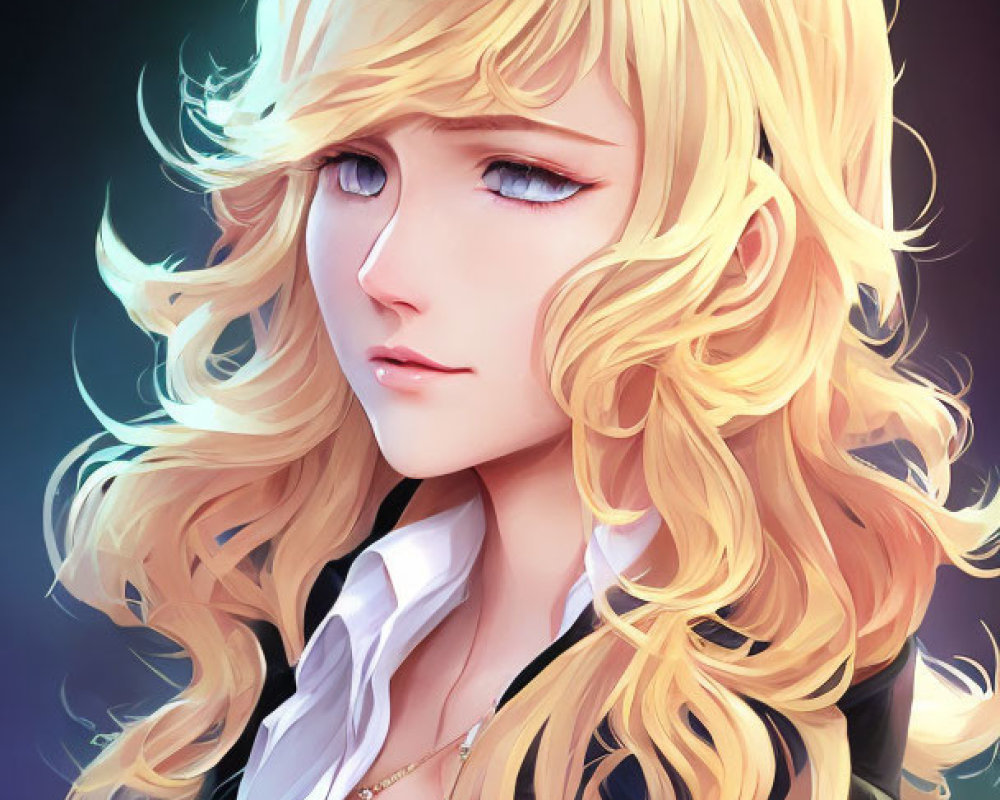 Stylized illustration of person with blonde hair and blue eyes wearing black jacket