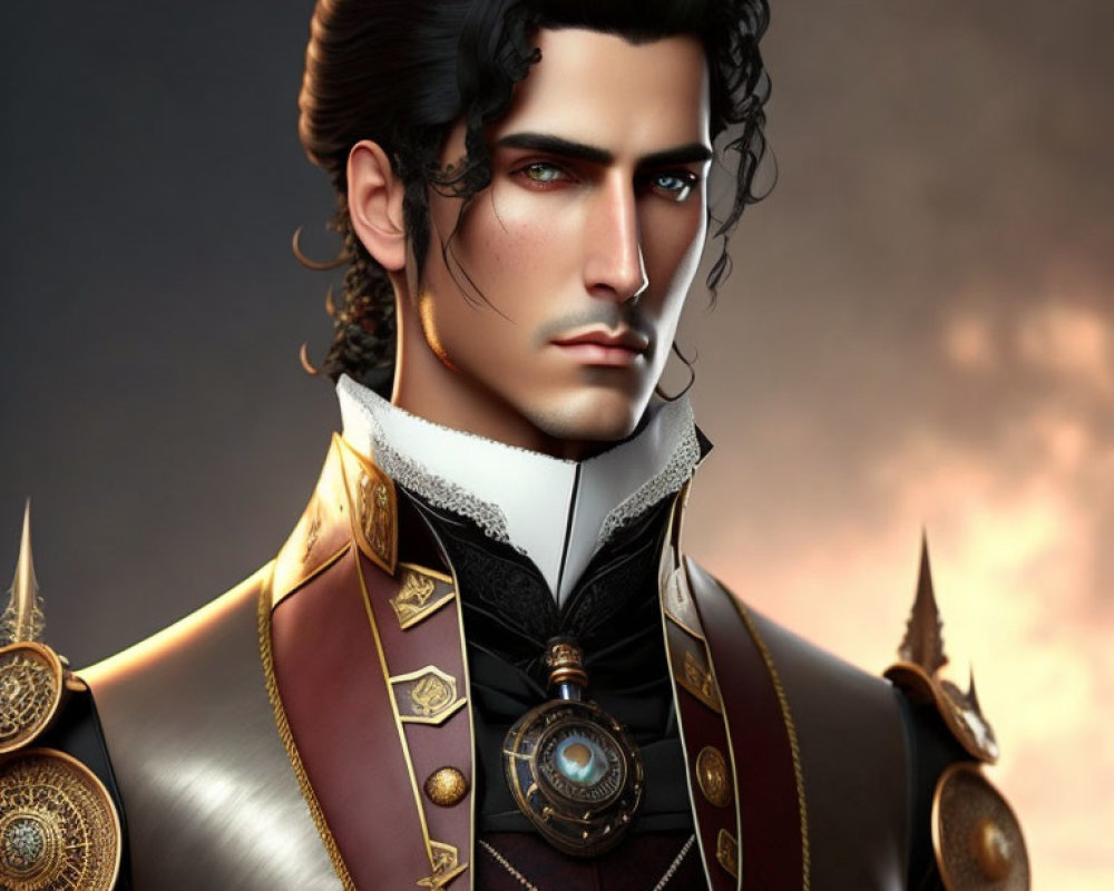 Regal man with dark hair in Victorian-style outfit