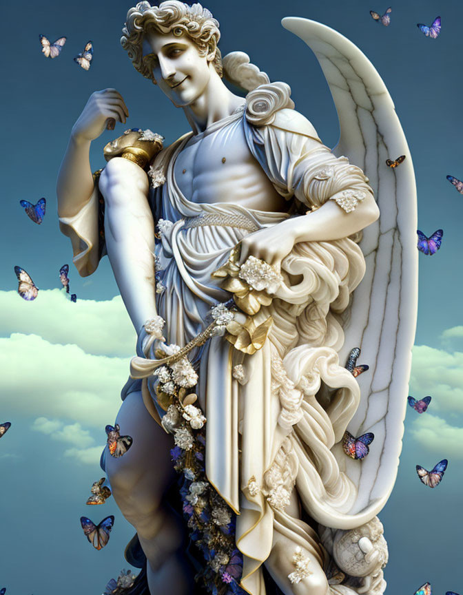 Classical angel statue with intricate details and butterflies on blue sky background